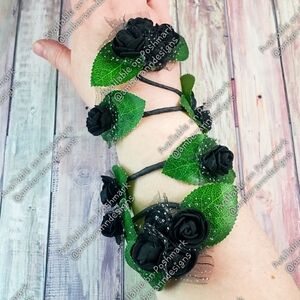 Black Rose and Green Leaf Bracelet